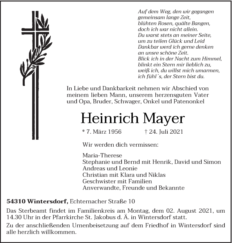  Traueranzeige für Heinrich Mayer vom 30.07.2021 aus trierischer_volksfreund