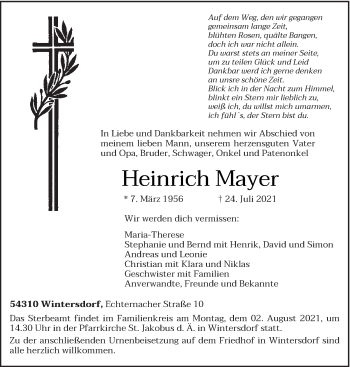 Traueranzeige von Heinrich Mayer von trierischer_volksfreund