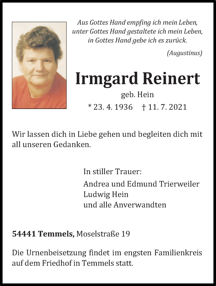  Traueranzeige für Irmgard Reinert vom 15.07.2021 aus trierischer_volksfreund