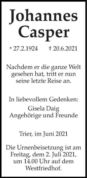 Traueranzeige von Johannes Casper von trierischer_volksfreund