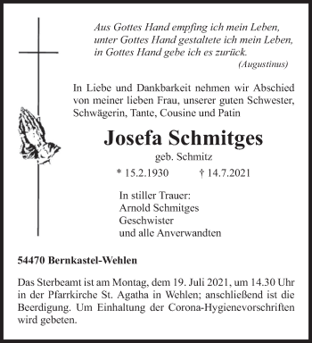 Traueranzeige von Josefa Schmitges von trierischer_volksfreund