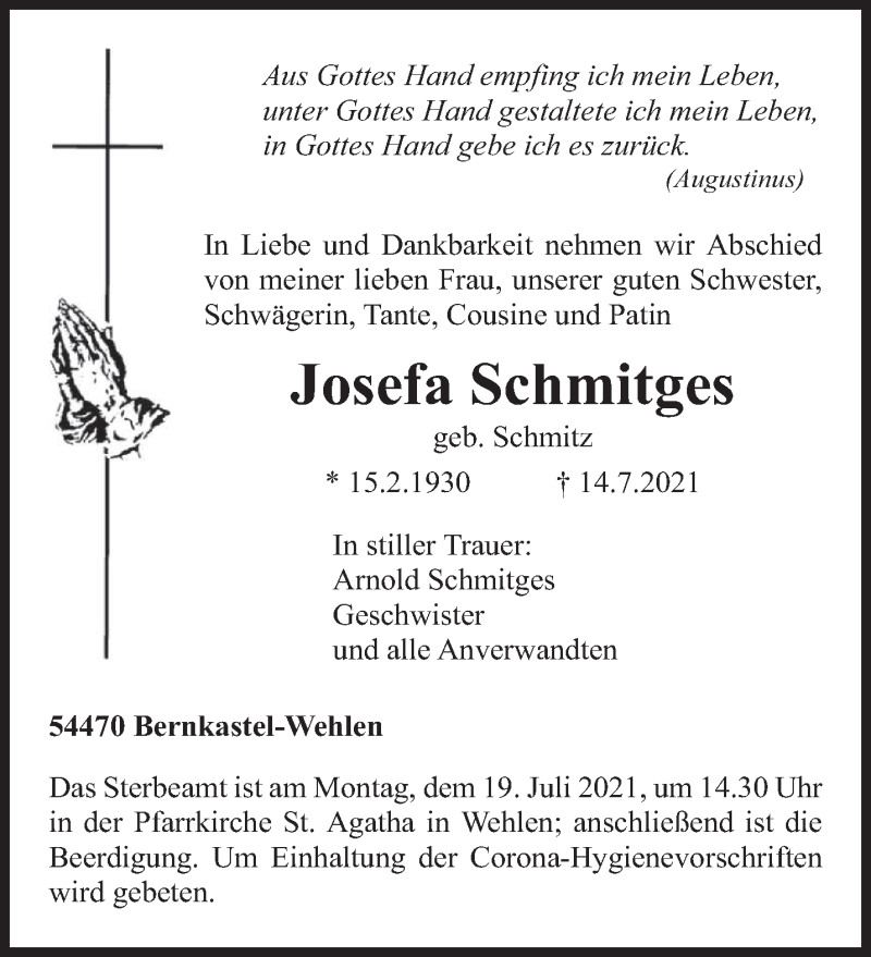  Traueranzeige für Josefa Schmitges vom 17.07.2021 aus trierischer_volksfreund