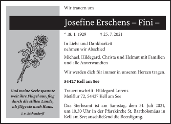Traueranzeige von Josefine Erschens von trierischer_volksfreund