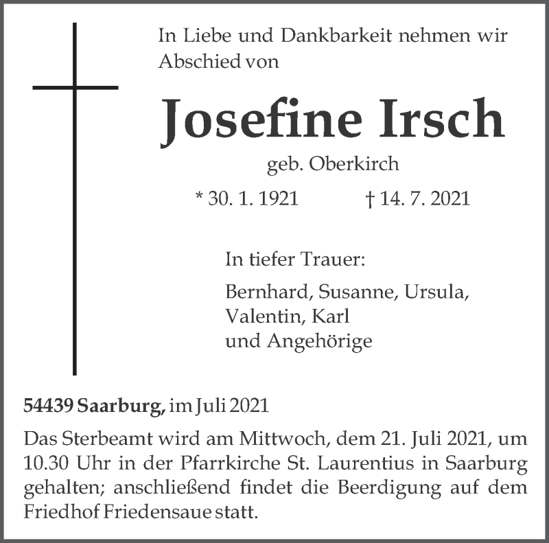  Traueranzeige für Josefine Irsch vom 17.07.2021 aus trierischer_volksfreund