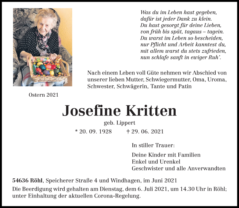 Traueranzeige für Josefine Kritten vom 03.07.2021 aus trierischer_volksfreund