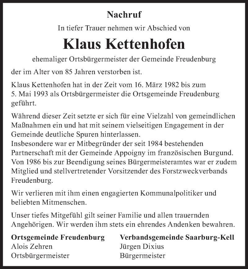  Traueranzeige für Klaus Kettenhofen vom 27.07.2021 aus trierischer_volksfreund