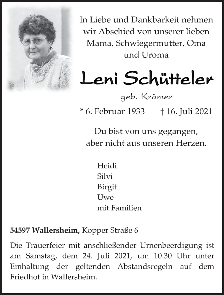  Traueranzeige für Leni Schütteler vom 21.07.2021 aus trierischer_volksfreund