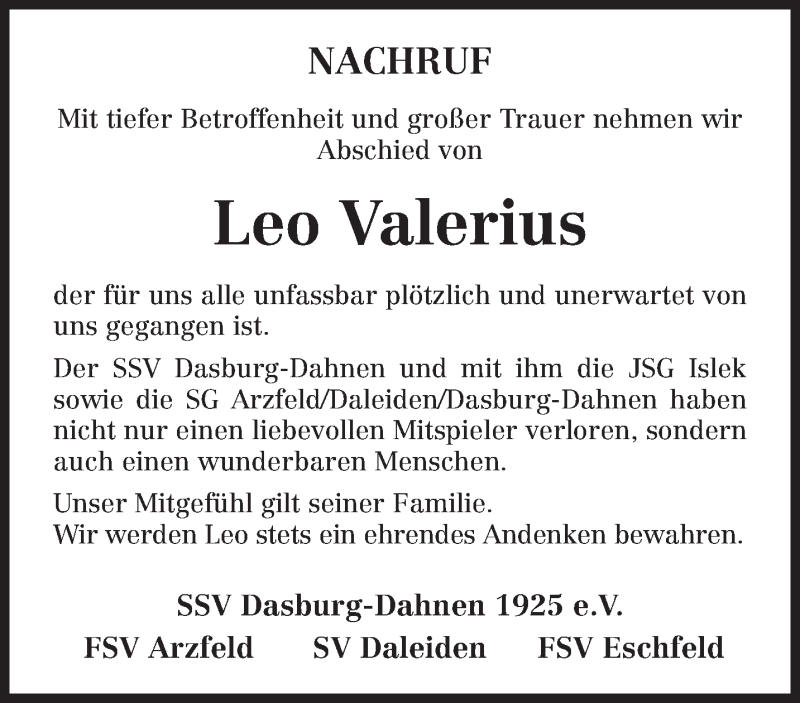  Traueranzeige für Leo Valerius vom 21.07.2021 aus trierischer_volksfreund