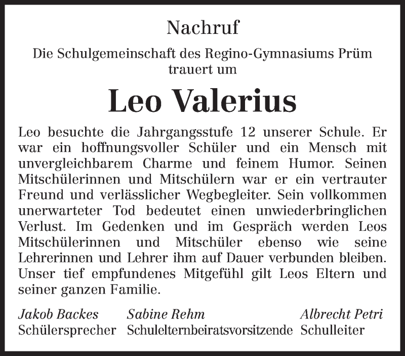  Traueranzeige für Leo Valerius vom 20.07.2021 aus trierischer_volksfreund