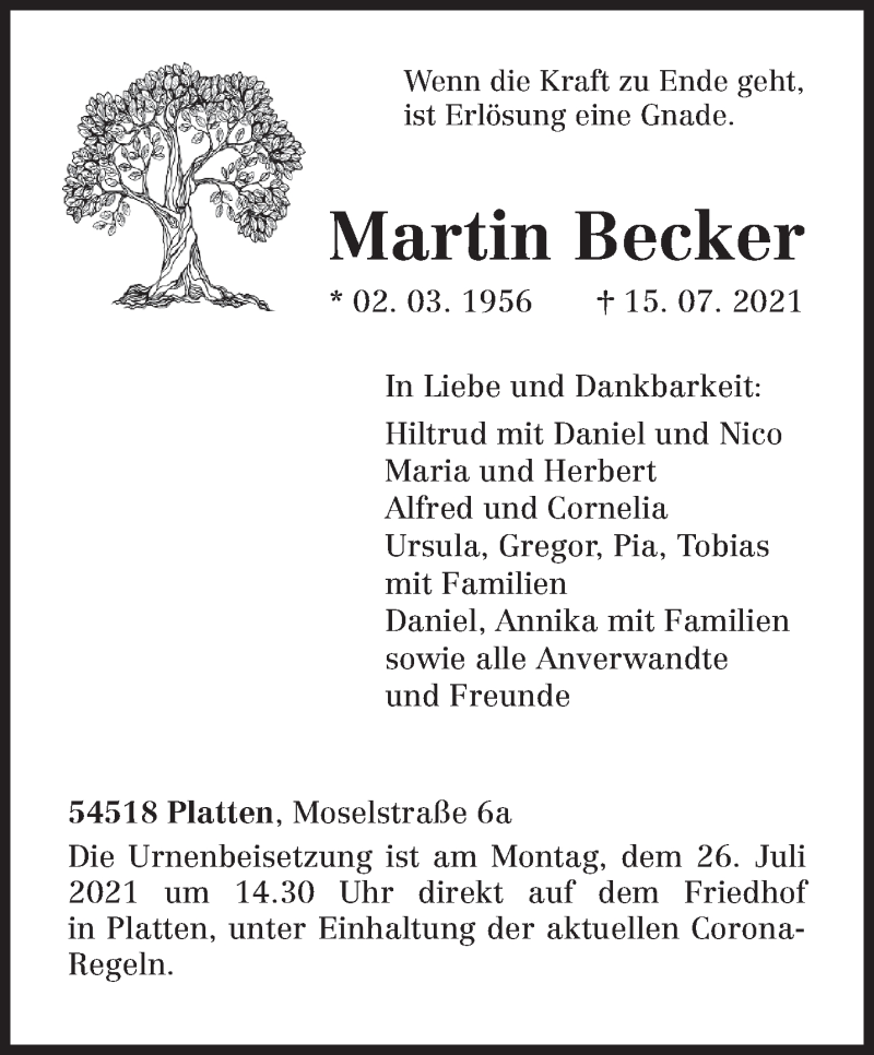  Traueranzeige für Martin Becker vom 17.07.2021 aus trierischer_volksfreund