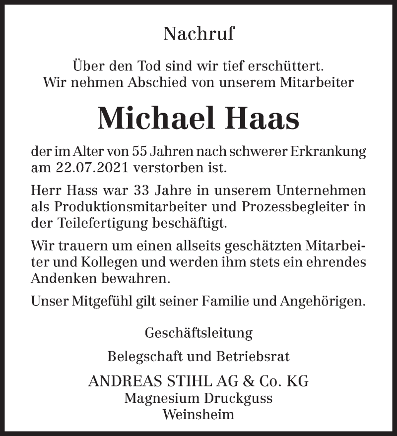  Traueranzeige für Michael Haas vom 27.07.2021 aus trierischer_volksfreund