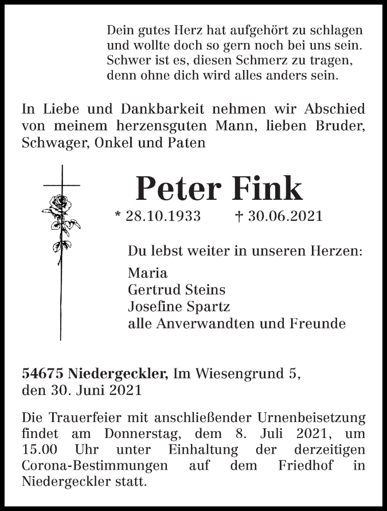  Traueranzeige für Peter Fink vom 05.07.2021 aus trierischer_volksfreund