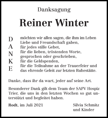 Traueranzeige von Reiner Winter von trierischer_volksfreund