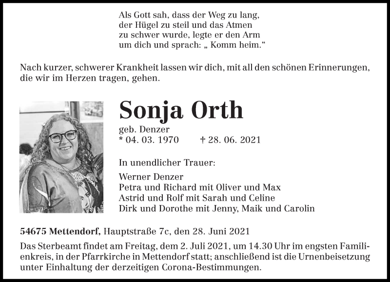  Traueranzeige für Sonja Orth vom 30.06.2021 aus trierischer_volksfreund