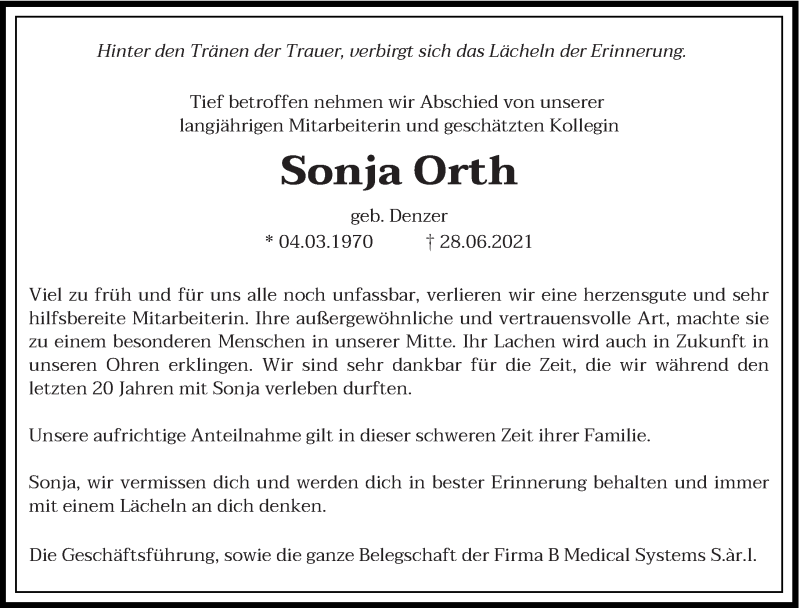  Traueranzeige für Sonja Orth vom 02.07.2021 aus trierischer_volksfreund
