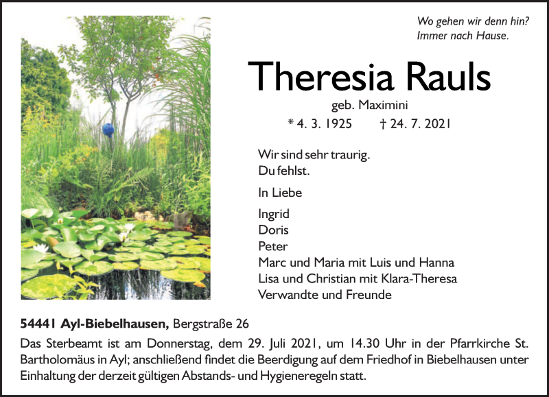  Traueranzeige für Theresia Rauls vom 27.07.2021 aus trierischer_volksfreund
