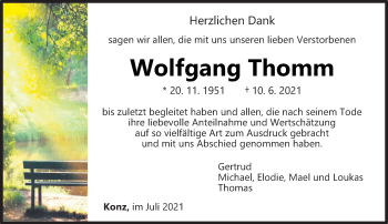 Traueranzeige von Wolfgang Thomm von trierischer_volksfreund