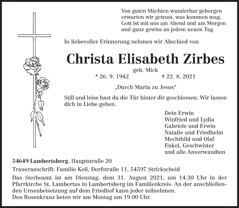 Traueranzeige für Christa Elisabeth Zirbes vom 26.08.2021 aus trierischer_volksfreund