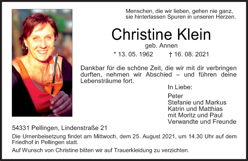  Traueranzeige für Christine Klein vom 21.08.2021 aus trierischer_volksfreund