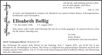 Traueranzeige von Elisabeth Bollig von trierischer_volksfreund