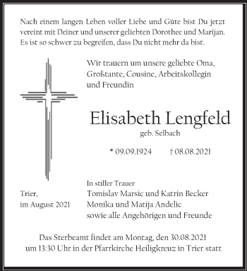 Traueranzeige von Elisabeth Lengfeld von trierischer_volksfreund