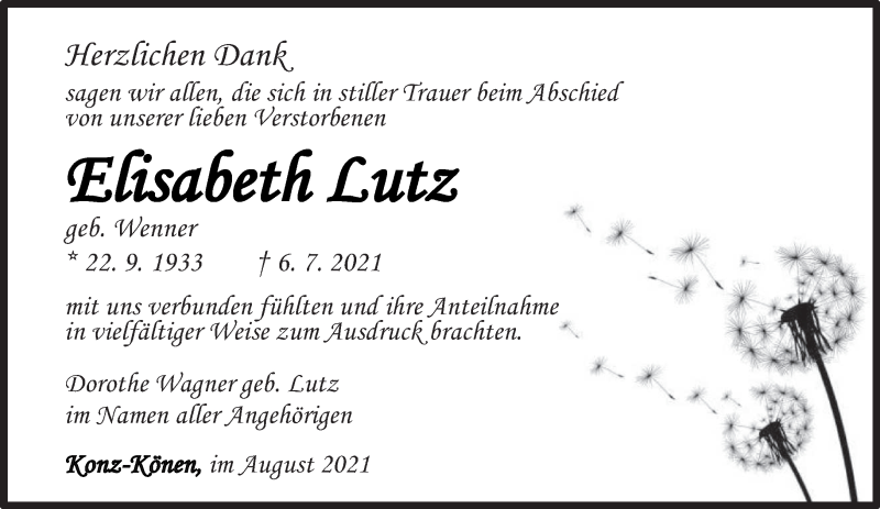  Traueranzeige für Elisabeth Lutz vom 21.08.2021 aus trierischer_volksfreund