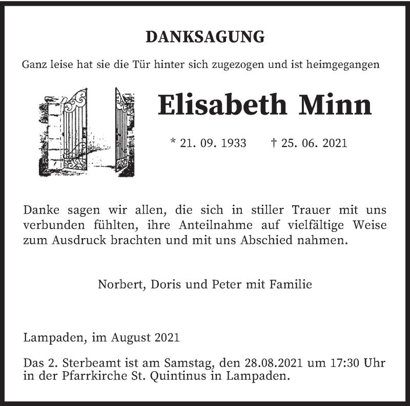  Traueranzeige für Elisabeth Minn vom 07.08.2021 aus trierischer_volksfreund
