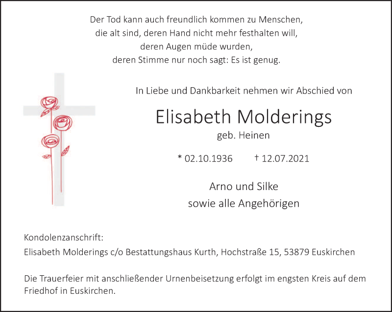  Traueranzeige für Elisabeth Molderings vom 06.08.2021 aus trierischer_volksfreund