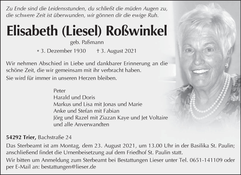  Traueranzeige für Elisabeth Roßwinkel vom 17.08.2021 aus trierischer_volksfreund