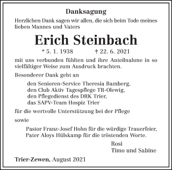Traueranzeige von Erich Steinbach von trierischer_volksfreund