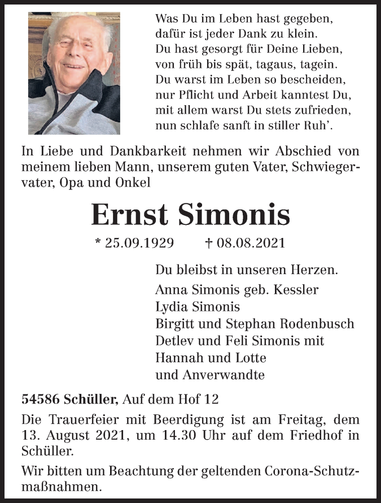  Traueranzeige für Ernst Simonis vom 10.08.2021 aus trierischer_volksfreund