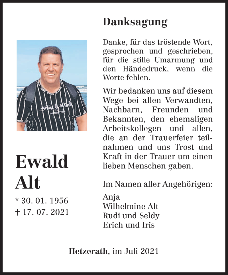  Traueranzeige für Ewald Alt vom 31.07.2021 aus trierischer_volksfreund