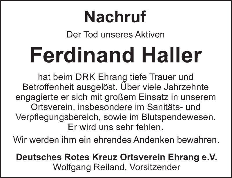  Traueranzeige für Ferdinand Haller vom 07.08.2021 aus trierischer_volksfreund