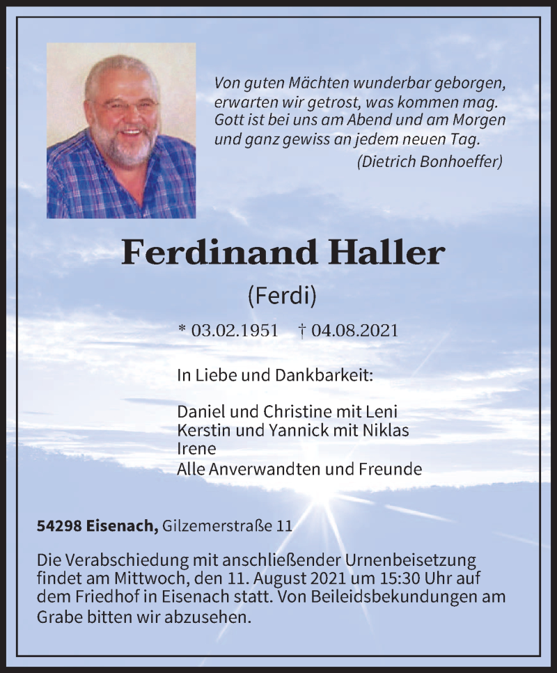  Traueranzeige für Ferdinand Haller vom 07.08.2021 aus trierischer_volksfreund