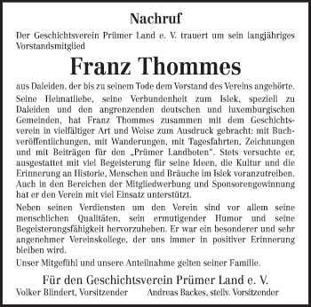 Traueranzeige von Franz Thommes von trierischer_volksfreund