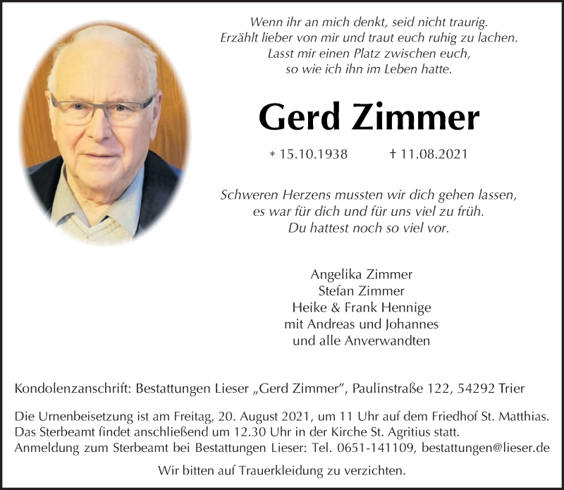  Traueranzeige für Gerd Zimmer vom 17.08.2021 aus trierischer_volksfreund