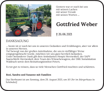 Traueranzeige von Gottfried Weber von trierischer_volksfreund