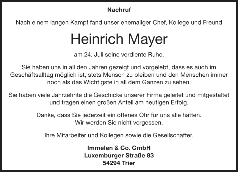  Traueranzeige für Heinrich Mayer vom 31.07.2021 aus trierischer_volksfreund