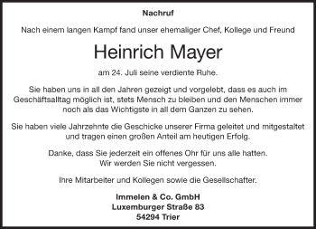 Traueranzeige von Heinrich Mayer von trierischer_volksfreund