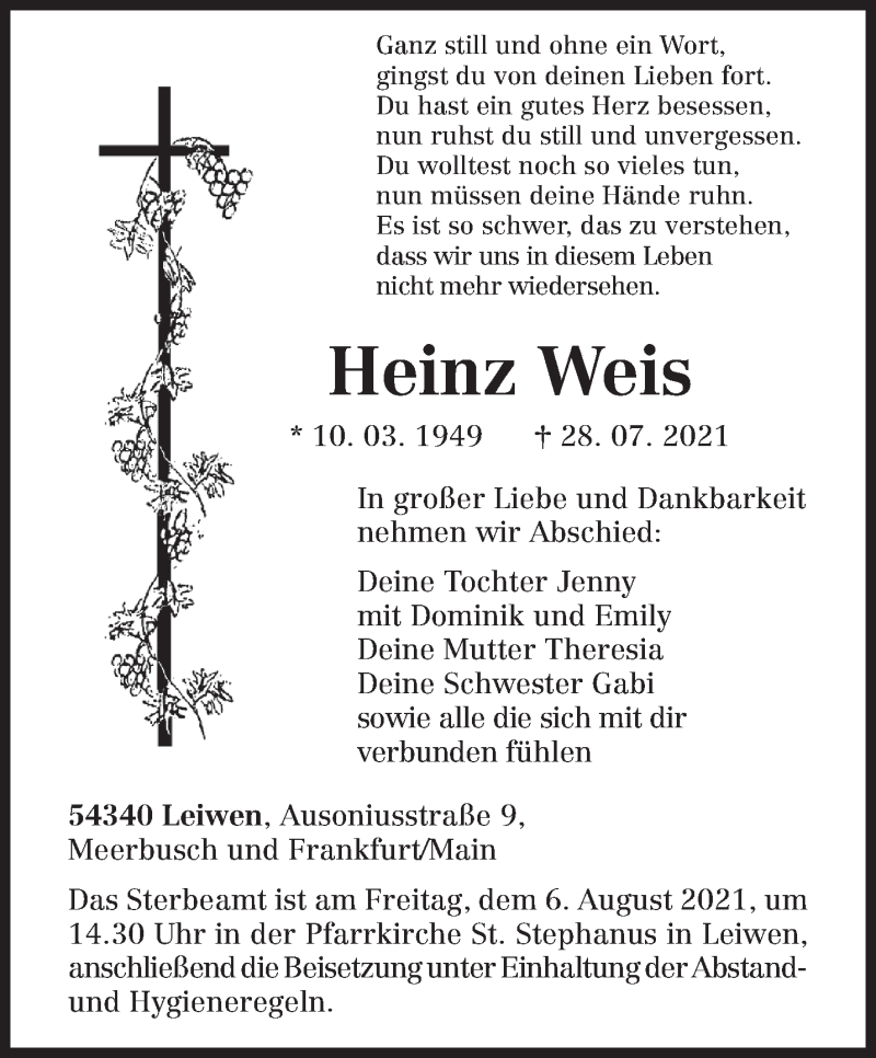  Traueranzeige für Heinz Weis vom 03.08.2021 aus trierischer_volksfreund
