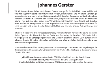 Traueranzeige von Johannes Gerster von trierischer_volksfreund