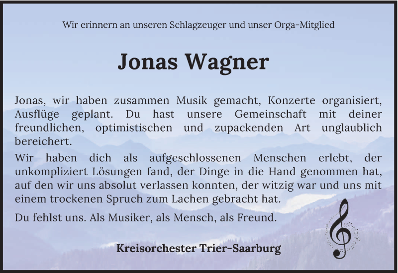  Traueranzeige für Jonas Wagner vom 21.08.2021 aus trierischer_volksfreund
