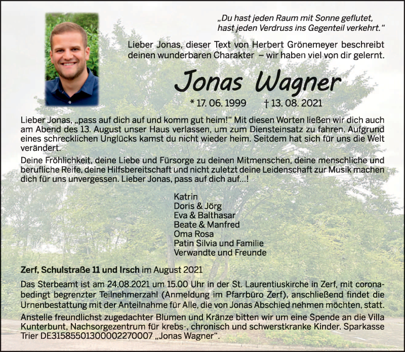  Traueranzeige für Jonas Wagner vom 21.08.2021 aus trierischer_volksfreund