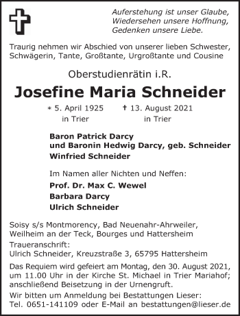 Traueranzeige von Josefine Maria Schneider von trierischer_volksfreund