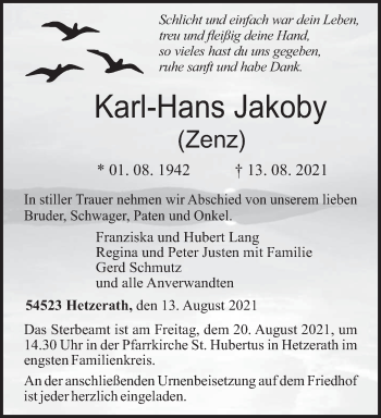 Traueranzeige von Karl-Hans Jakoby von trierischer_volksfreund