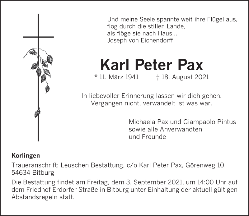  Traueranzeige für Karl Peter Pax vom 23.08.2021 aus trierischer_volksfreund