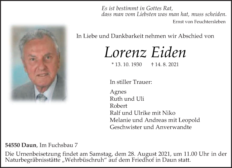  Traueranzeige für Lorenz Eiden vom 18.08.2021 aus trierischer_volksfreund