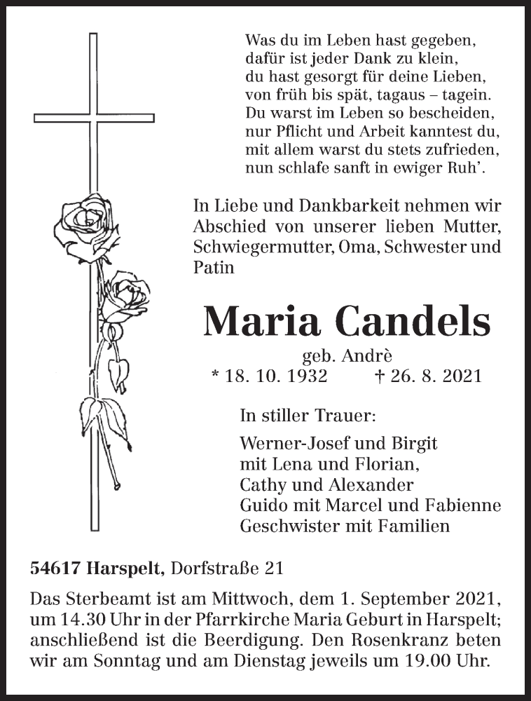  Traueranzeige für Maria Candels vom 28.08.2021 aus trierischer_volksfreund