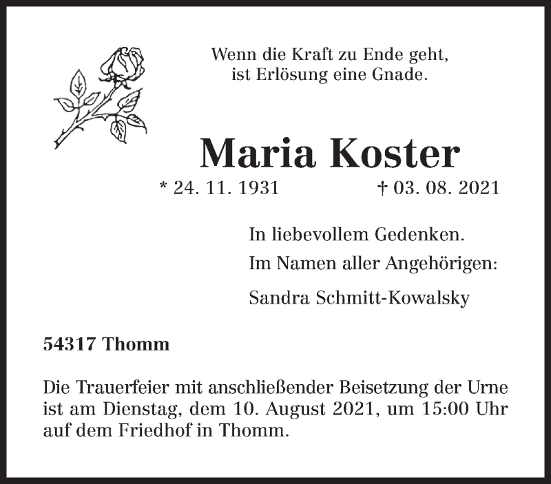  Traueranzeige für Maria Koster vom 06.08.2021 aus trierischer_volksfreund