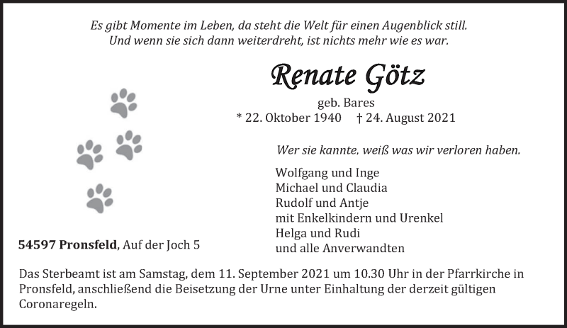  Traueranzeige für Renate Götz vom 27.08.2021 aus trierischer_volksfreund